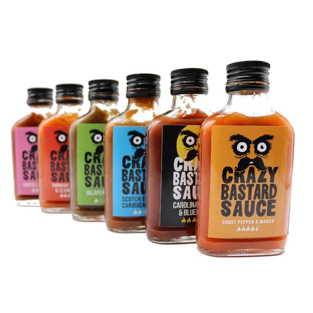 Crazy Bastard Hot Sauce (7 x 100ml) 7er Set - Mild bis Sehr Scharf